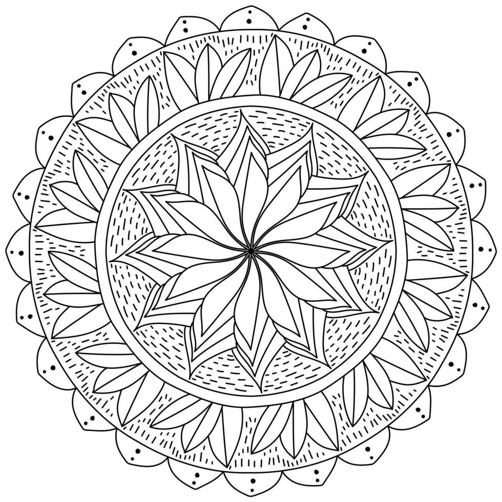 Outline mandala with lush flower and bunches of leaves, coloring page in the form of a circle with floral patterns vector