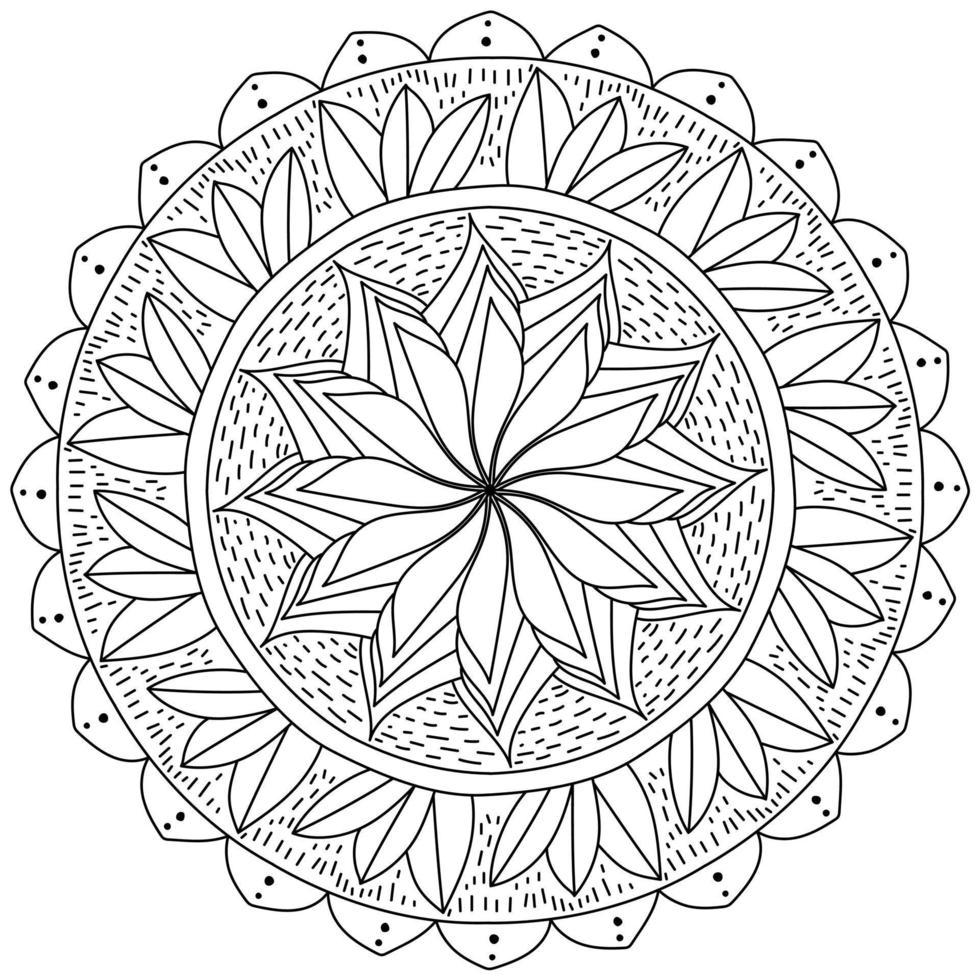 Outline mandala with lush flower and bunches of leaves, coloring page in the form of a circle with floral patterns vector