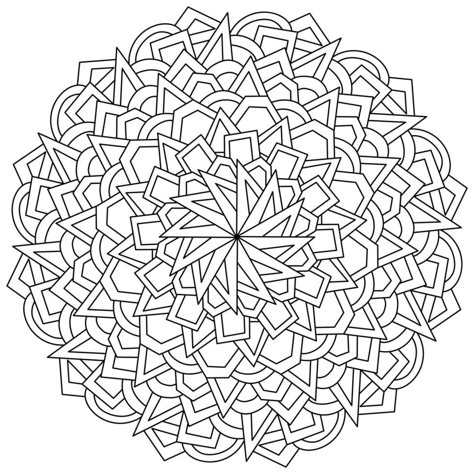 Abstract outline mandala of various geometric shapes, circle-shaped coloring page with various patterns vector