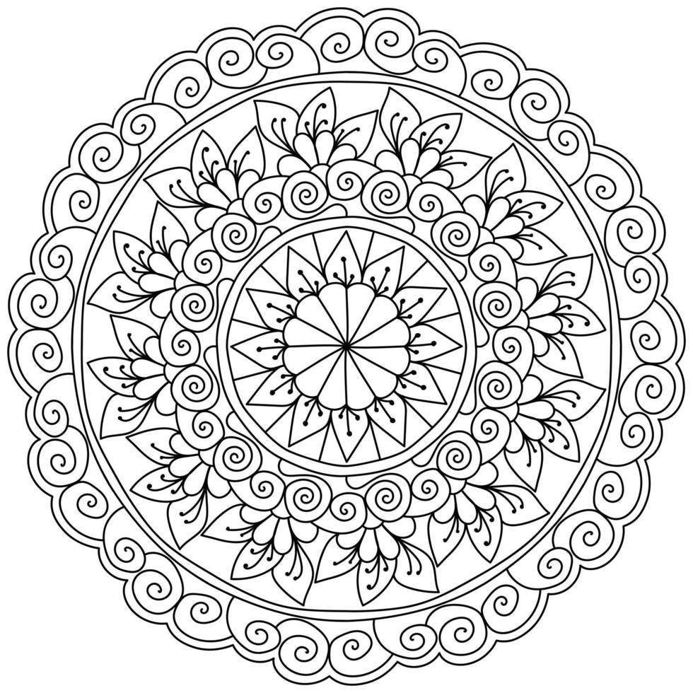 Outline mandala with flowers and leaves, zen coloring book page with natural motives vector