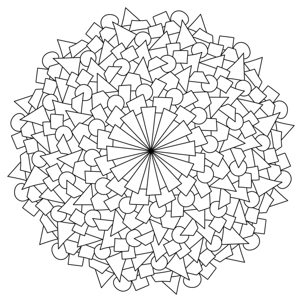 Contour mandala of circles, triangles and quadrangles, meditative coloring page vector