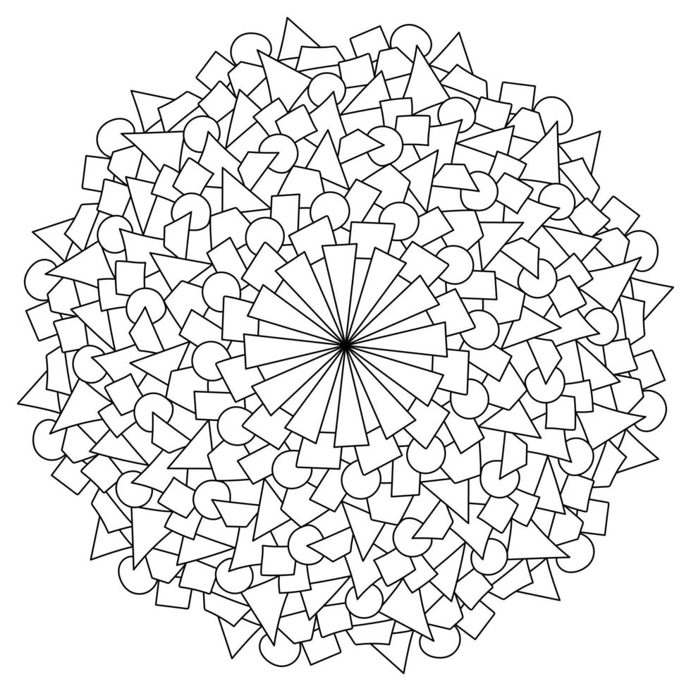 Contour mandala of circles, triangles and quadrangles, meditative coloring page vector