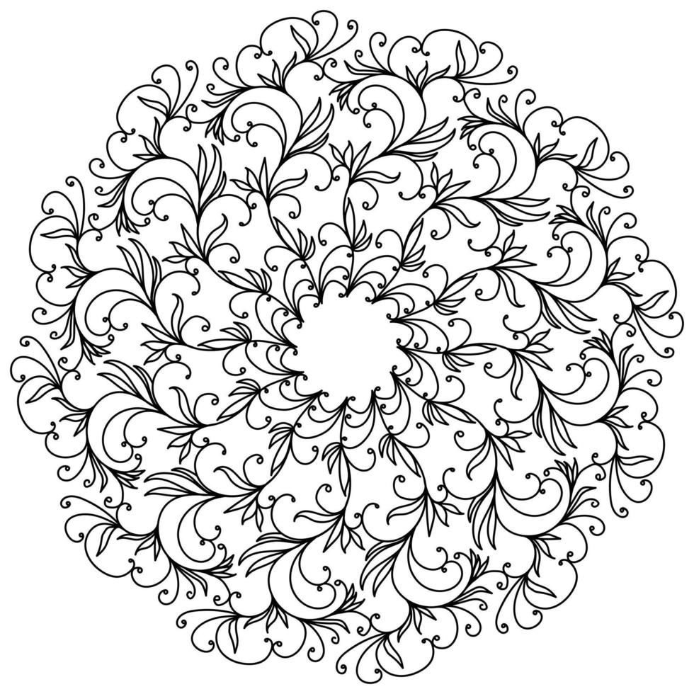 Abstract tangled mandala with swirls and doodle flowers, meditative coloring page and ornate elements vector