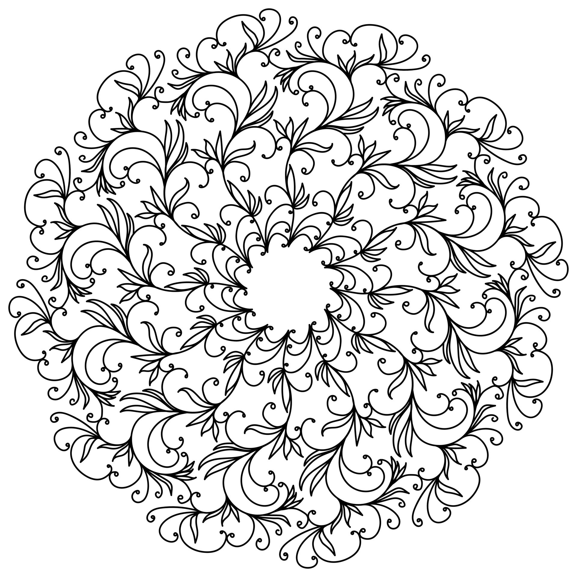 Abstract tangled mandala with swirls and doodle flowers, meditative