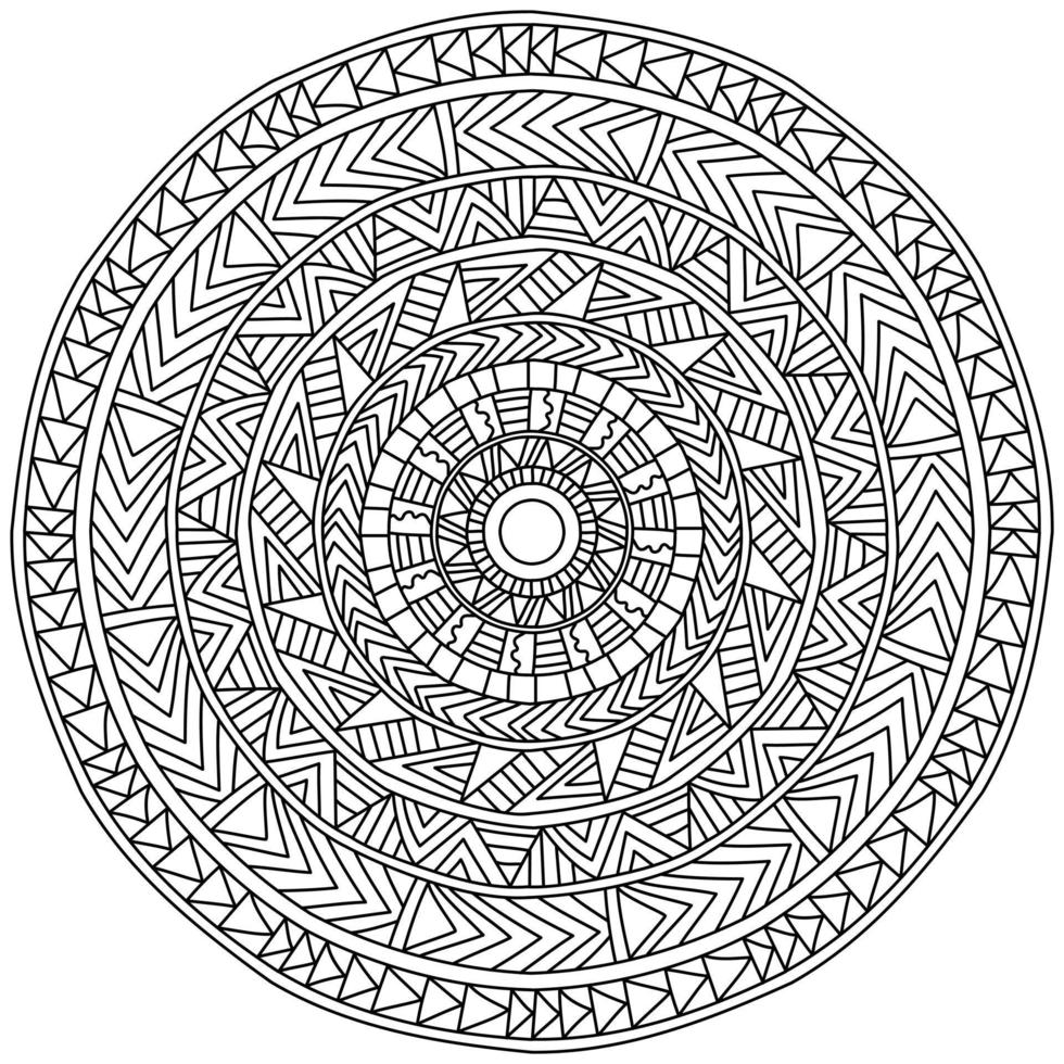 esbozar mandala con patrones lineales de líneas rectas y triángulos, página para colorear meditativa para el diseño vector