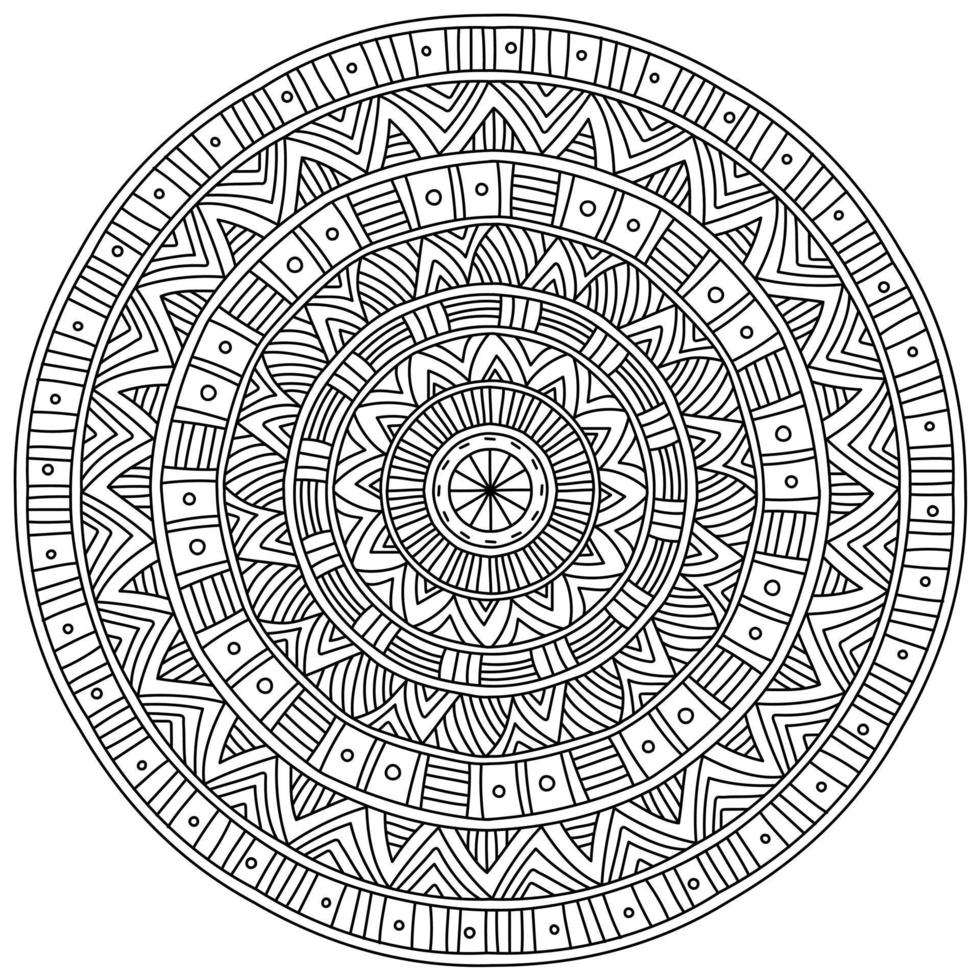 Symmetrical mandala with linear patterns, meditative coloring page with straight lines vector