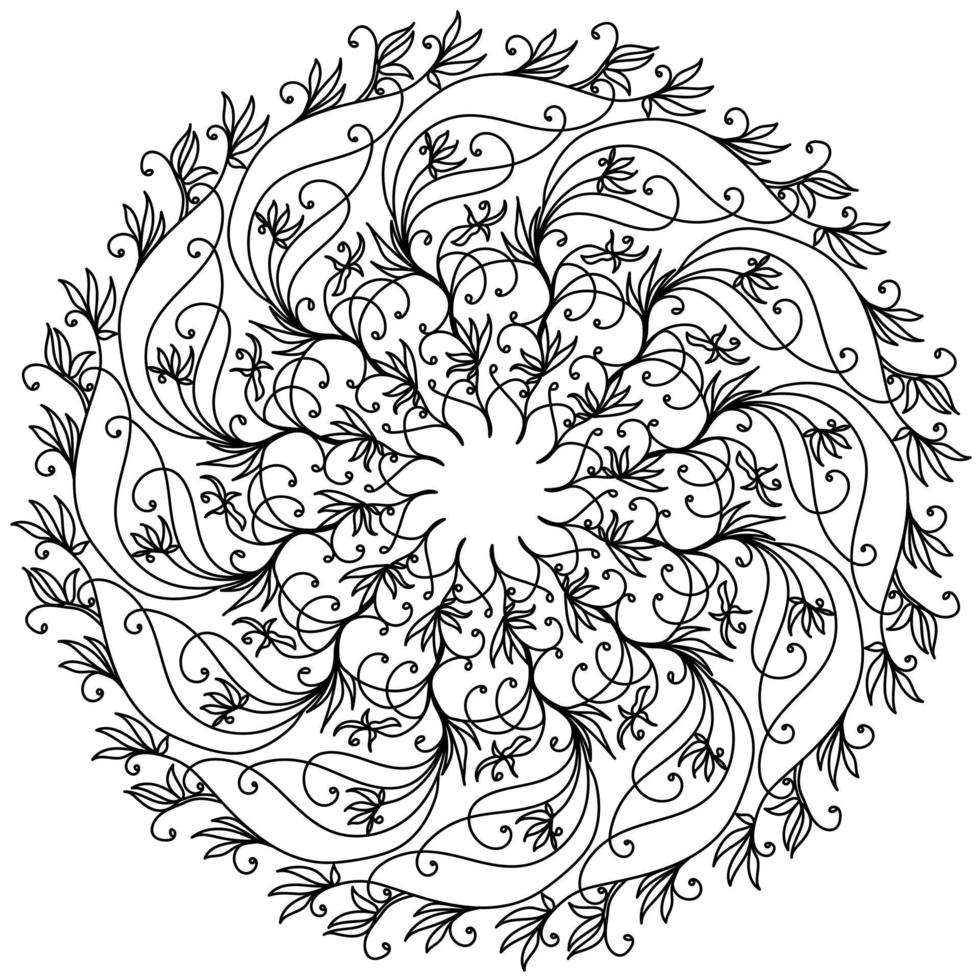 Abstract tangled mandala with swirls and doodle flowers, meditative coloring page and ornate swirls vector