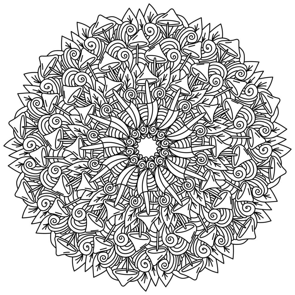 Contour mandala with mushrooms and leaves, abstract coloring page with plant and fantasy motifs vector