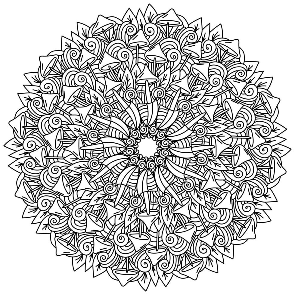 Contour mandala with mushrooms and leaves, abstract coloring page with plant and fantasy motifs vector