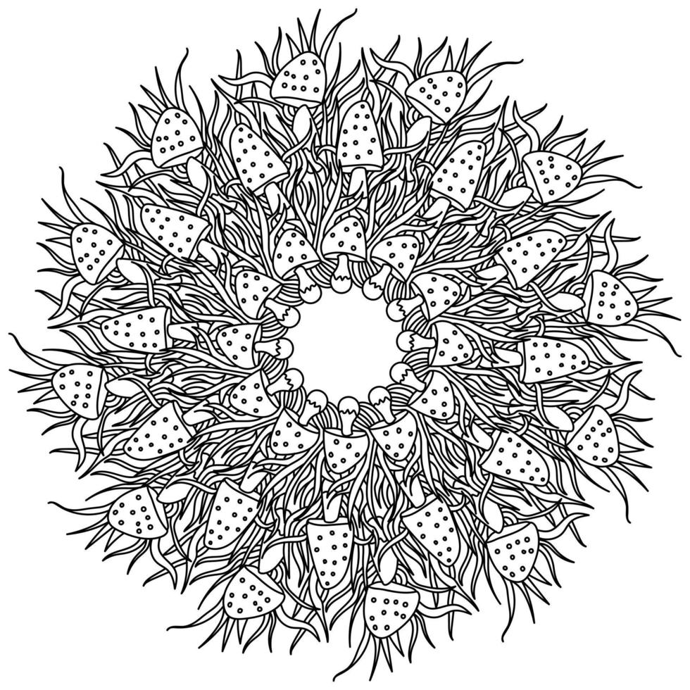 Mushroom mandala with spotted mushrooms and grass, ornate coloring page in the shape of a circle vector