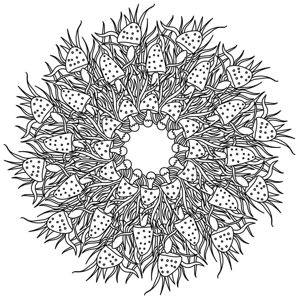 mandala de hongos con hongos manchados y hierba, página de coloración ornamentada en forma de círculo vector