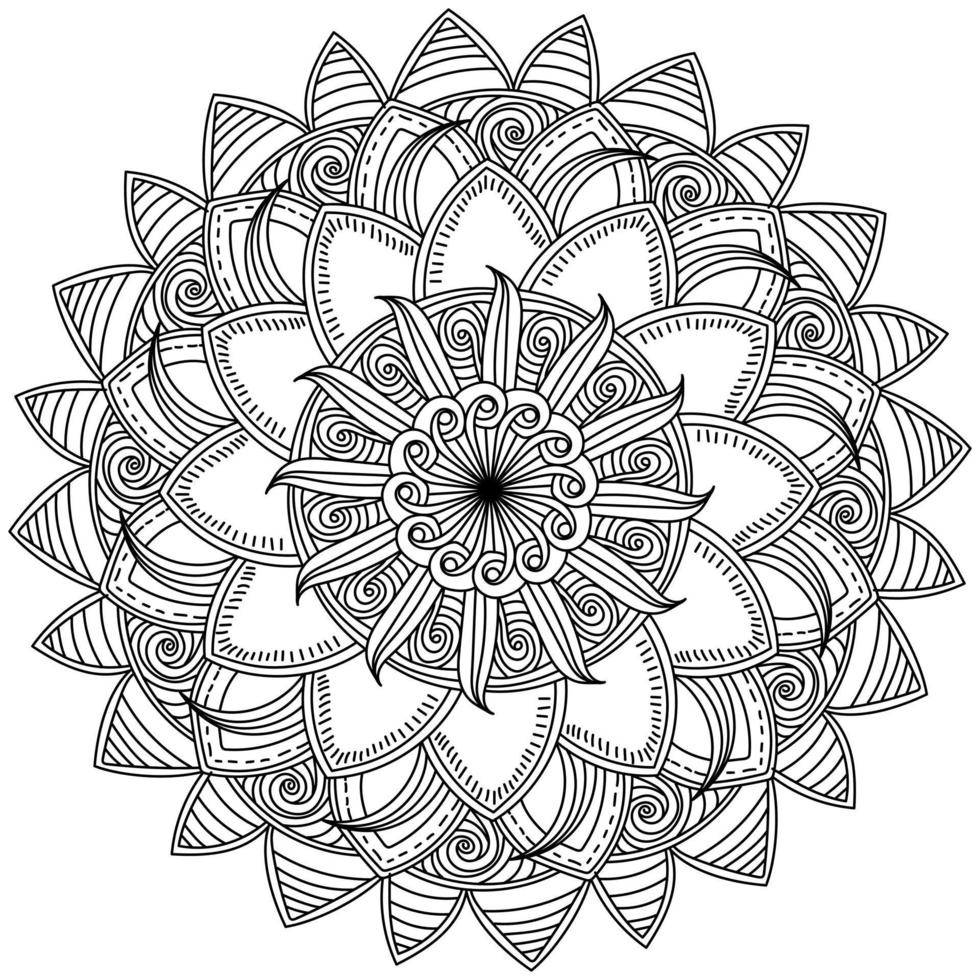 mandala abstracto con pétalos rayados, página coloreada meditativa en forma de flor de fantasía vector