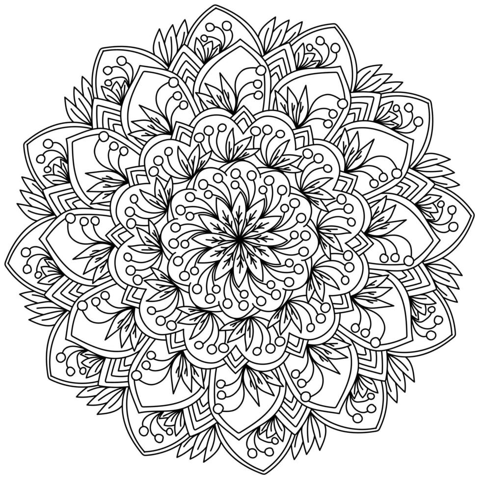 Ornate mandala with bunches of berries and striped patterns, zen plant coloring page vector