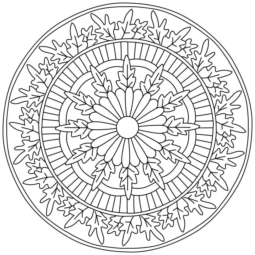 Linear mandala with carved leaves and multi-petaled flower in the center, coloring page with plant elements vector