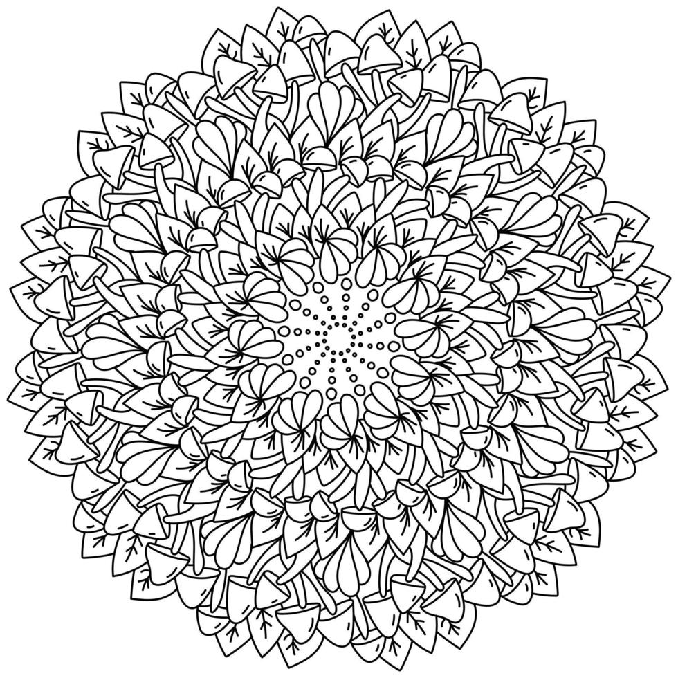 contorno mandala con setas y hojas, página de color de fantasía con elementos naturales vector