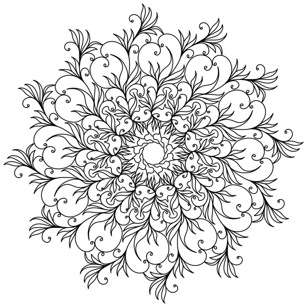 Abstract tangled mandala with swirls and doodle flowers, meditative coloring page and ornate patterns vector