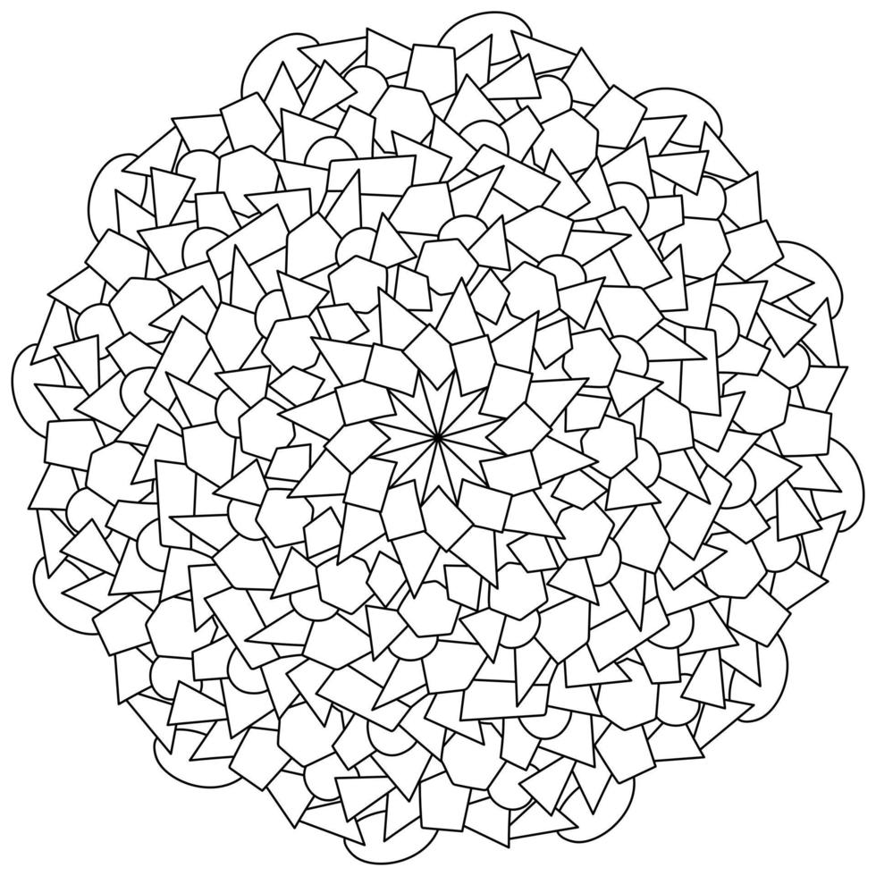 Mandala of circles, triangles and polygons, meditative coloring page vector