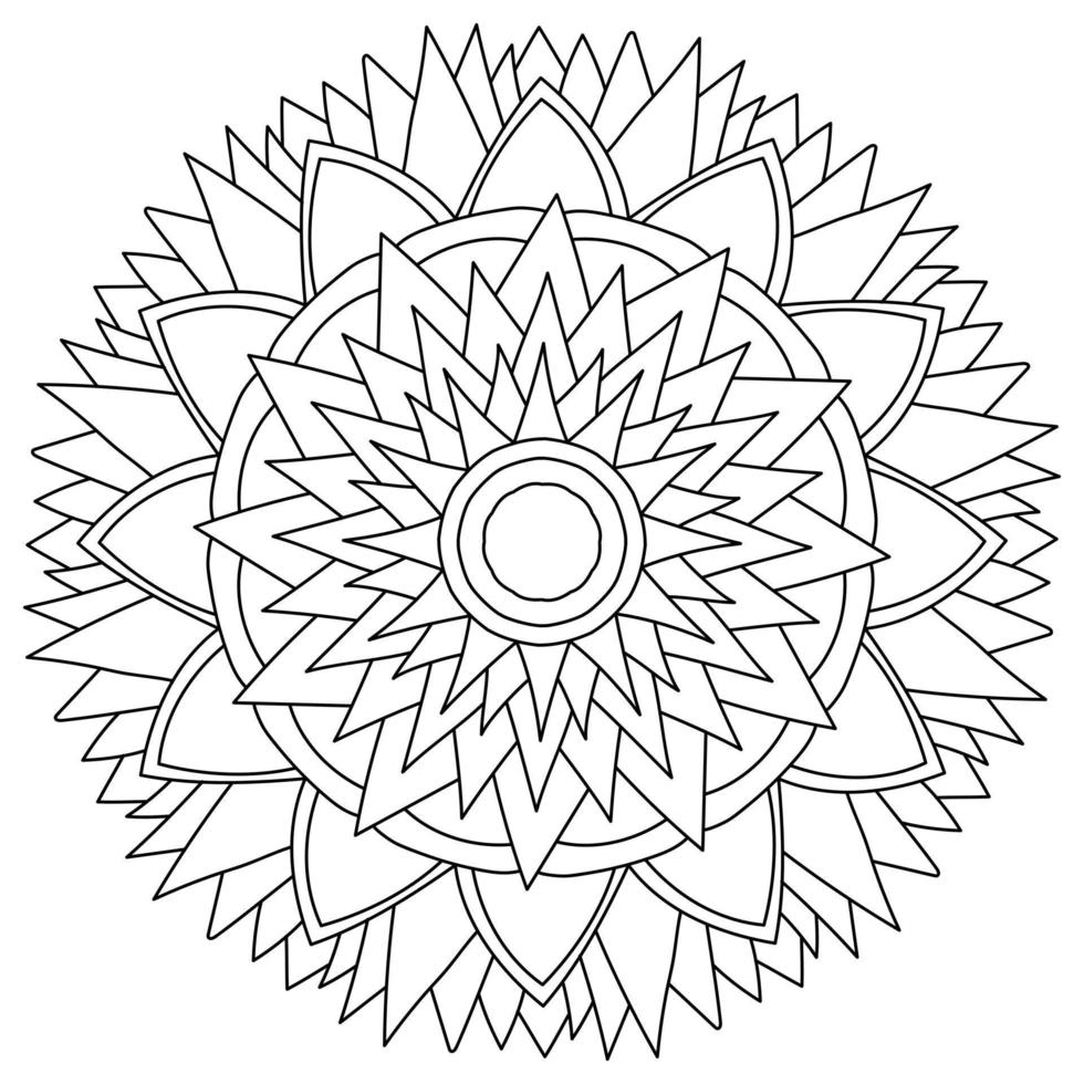 Contour mandala with sharp corners and flowing petals, zen coloring page in the shape of a fantasy flower vector