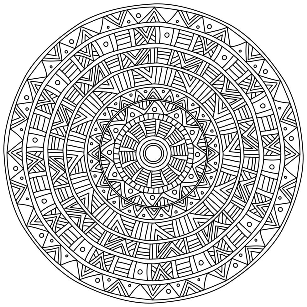 mandala rayado con patrones lineales, página de coloración meditativa en forma de círculo vector