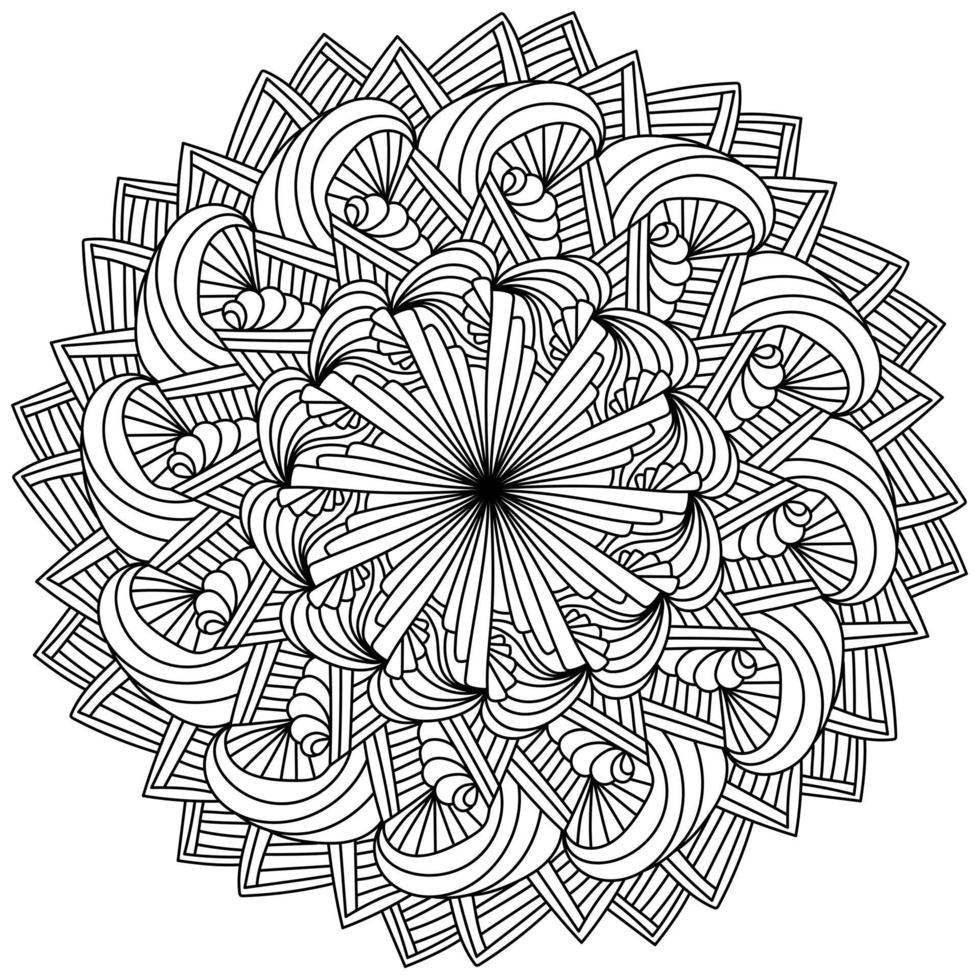 Striped abstract mandala with swirls, meditative coloring page in circle shape with symmetrical patterns vector
