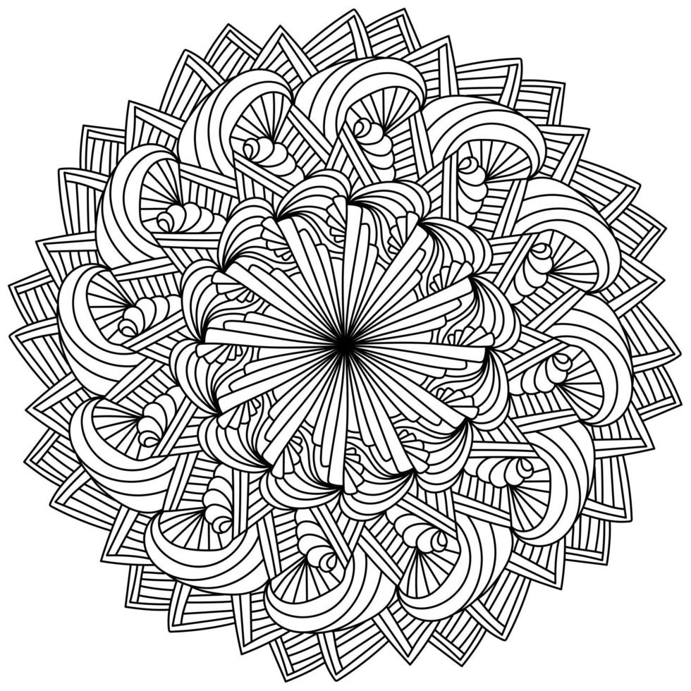 Striped abstract mandala with swirls, meditative coloring page in circle shape with symmetrical patterns vector