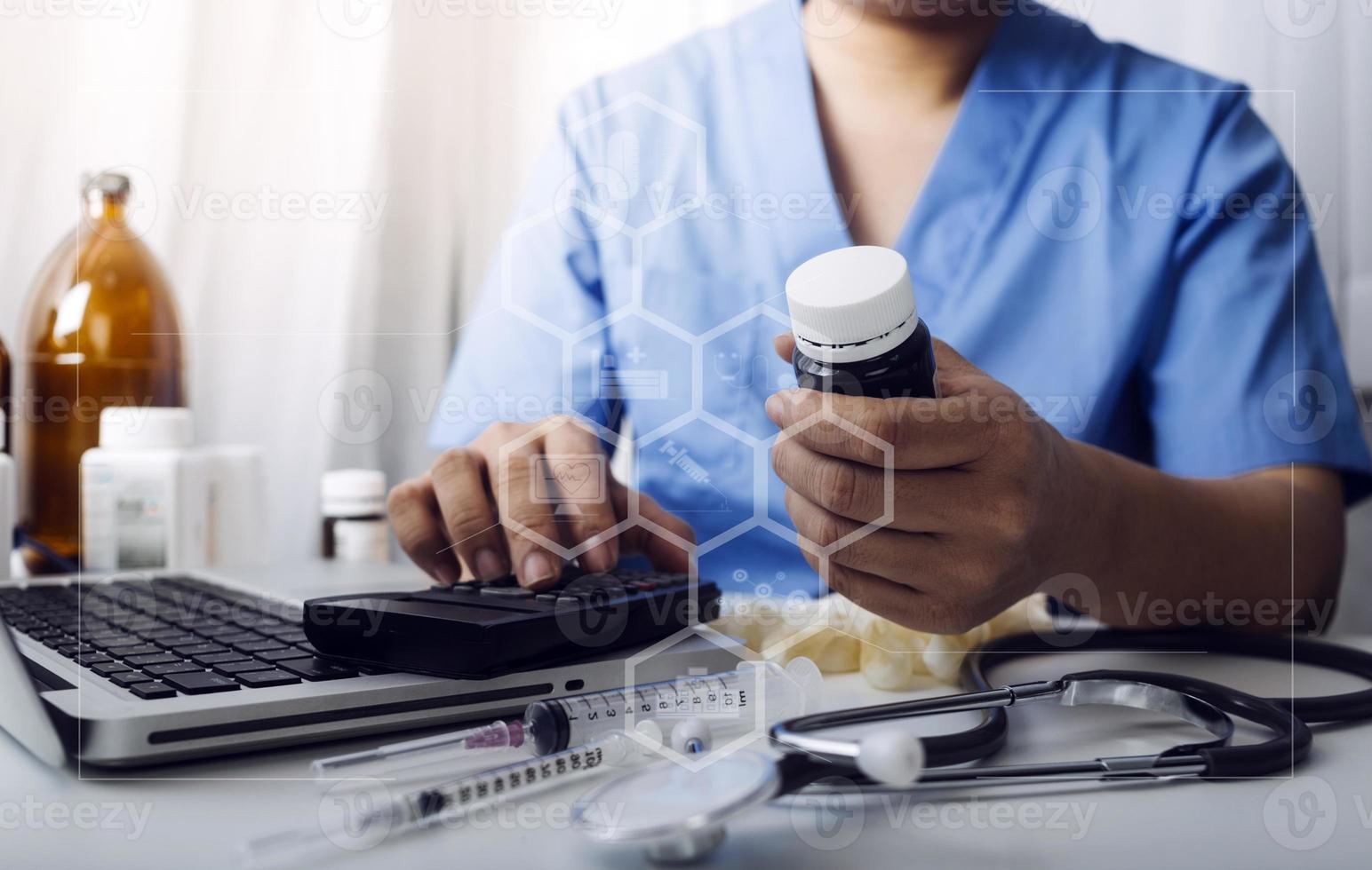 Medicine doctor and stethoscope touching icon medical network connection with modern interface on digital tablet in hospital background. Medical technology network concept photo