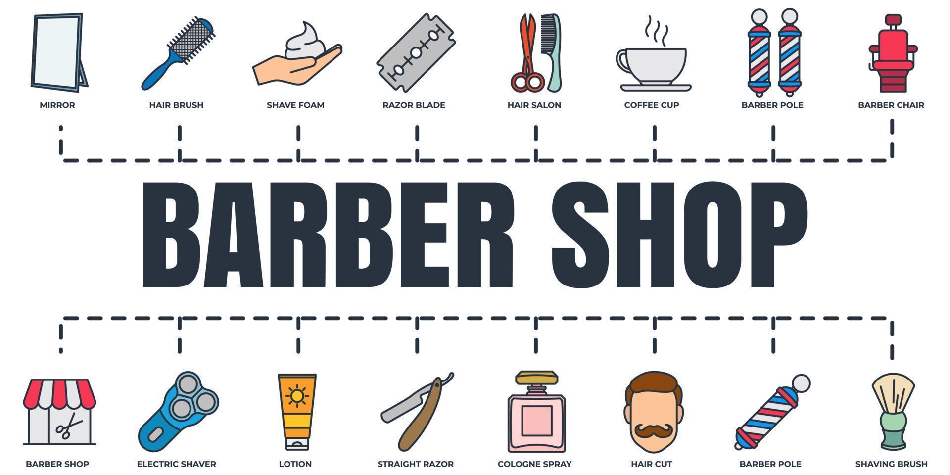 Barber shop banner web icon set. cologne spray, razor blade, mirror, hair salon, hair brush, hair cut, lotion and more vector illustration concept.