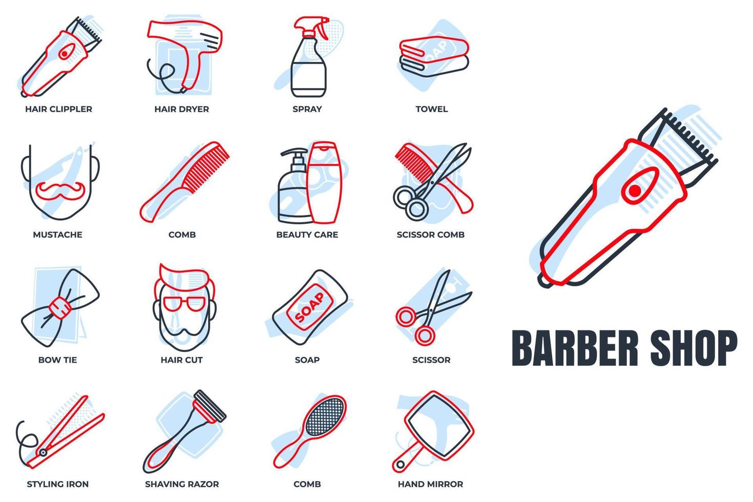 Barber shop banner web icon set. shaving razor, soap, towel, hand mirror, mustache, scissor, hair dryer and more vector illustration concept.