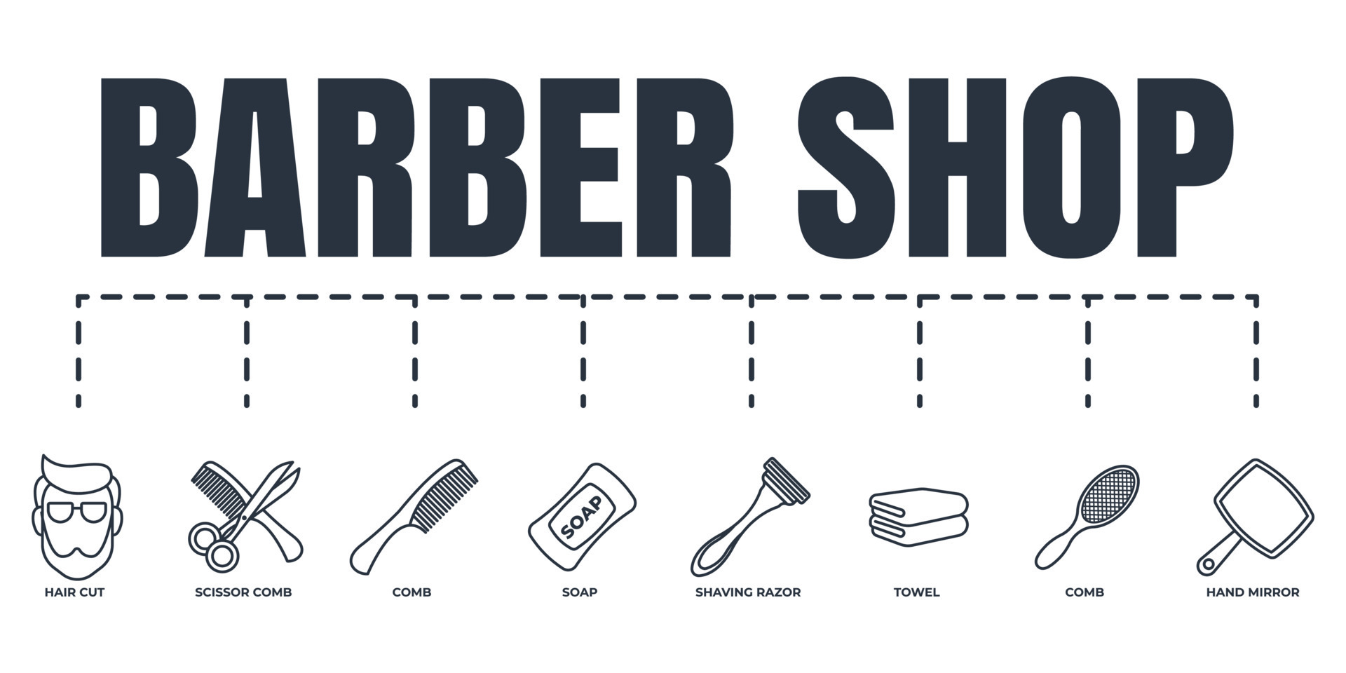 Barber shop banner web icon set. comb, scissor and comb, shaving razor, soap, towel, hand mirror