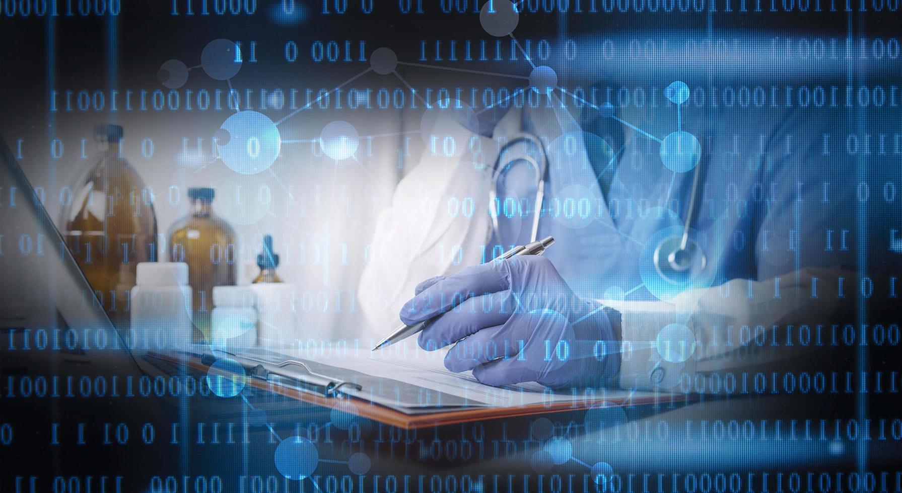 Medicine doctor and stethoscope touching icon medical network connection with modern interface on digital tablet in hospital background. Medical technology network concept photo