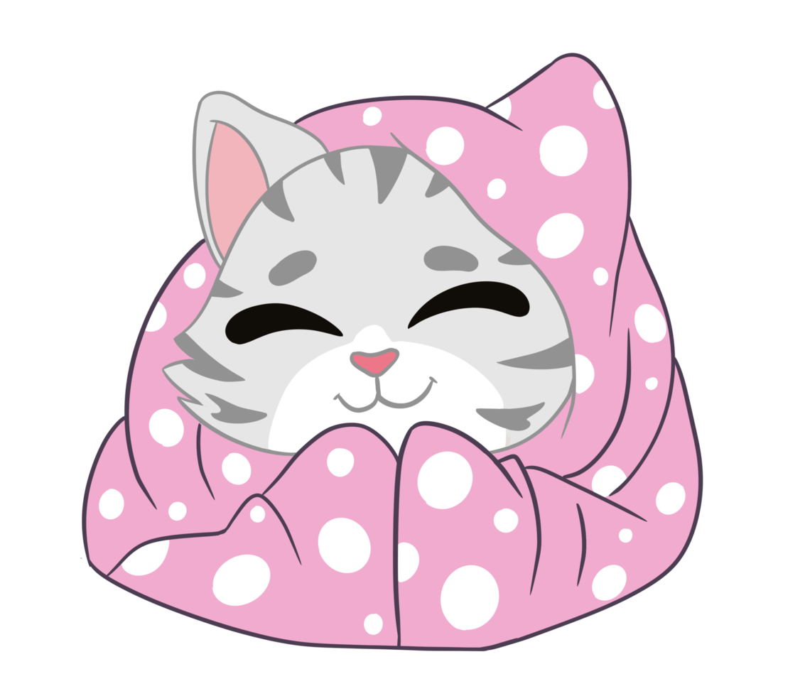 The beautiful and super cute American Shorthair cat is wrapped in soft pink banquet acts as a full smile, happy and good emotion. Doodle and cartoon art. png