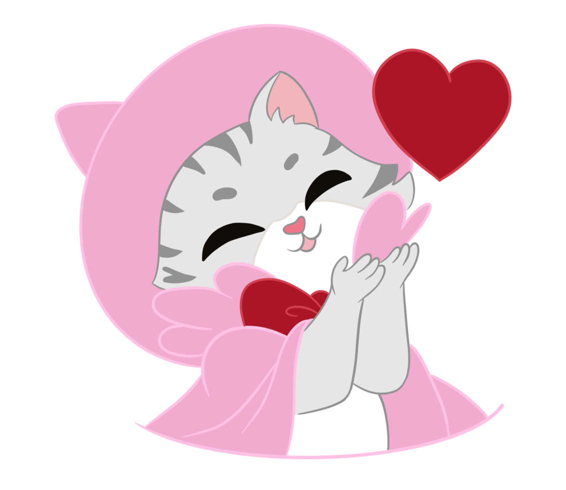 The beautiful and super cute American Shorthair cat is wrapped in a soft pink overcoat and magic hat and big red heart  acts as a full smile, happy and good emotion. Doodle and comic. png