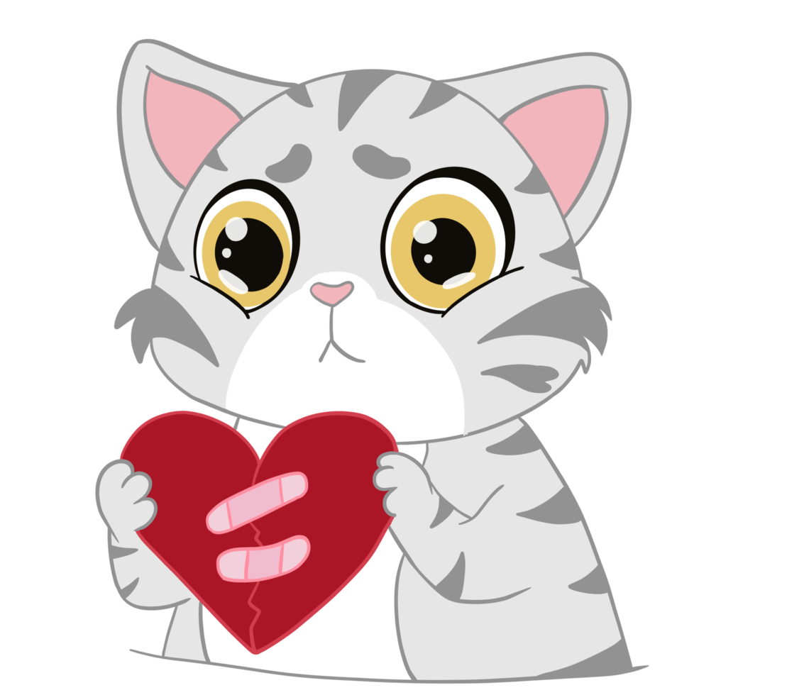 The sad and unhappy American Shorthair Cat holds the broken red heart acts as sad, upset and cry emotional.  Doodle and comic. png