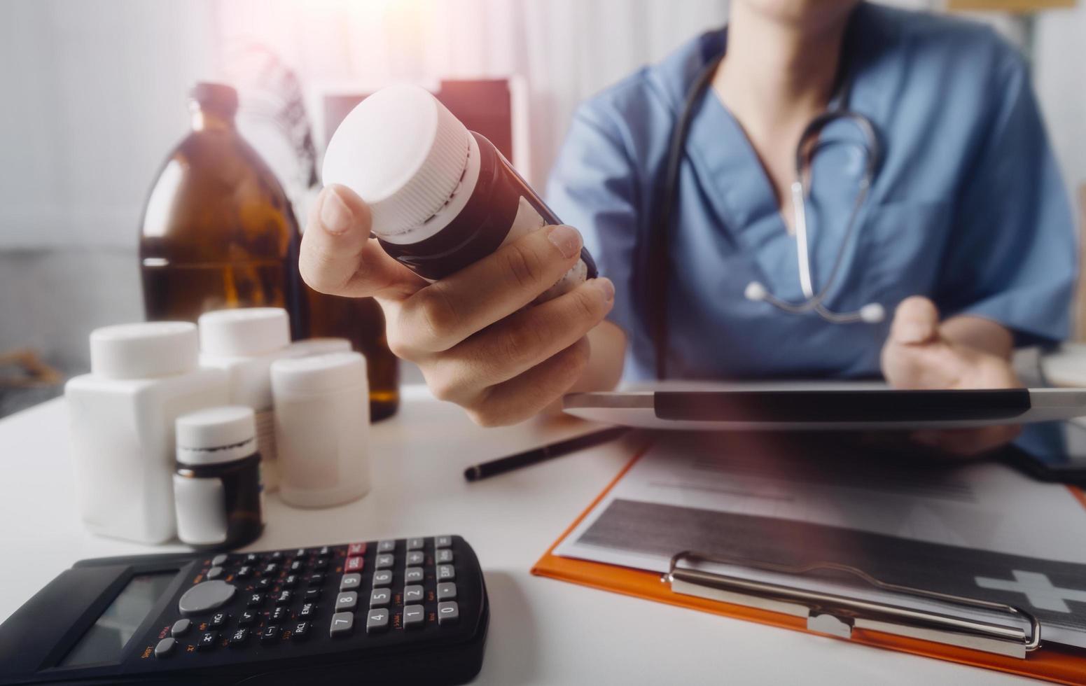 Double exposure of technology healthcare And Medicine concept. Doctors using digital tablet and modern virtual screen interface icons panoramic banner, blurred background. photo