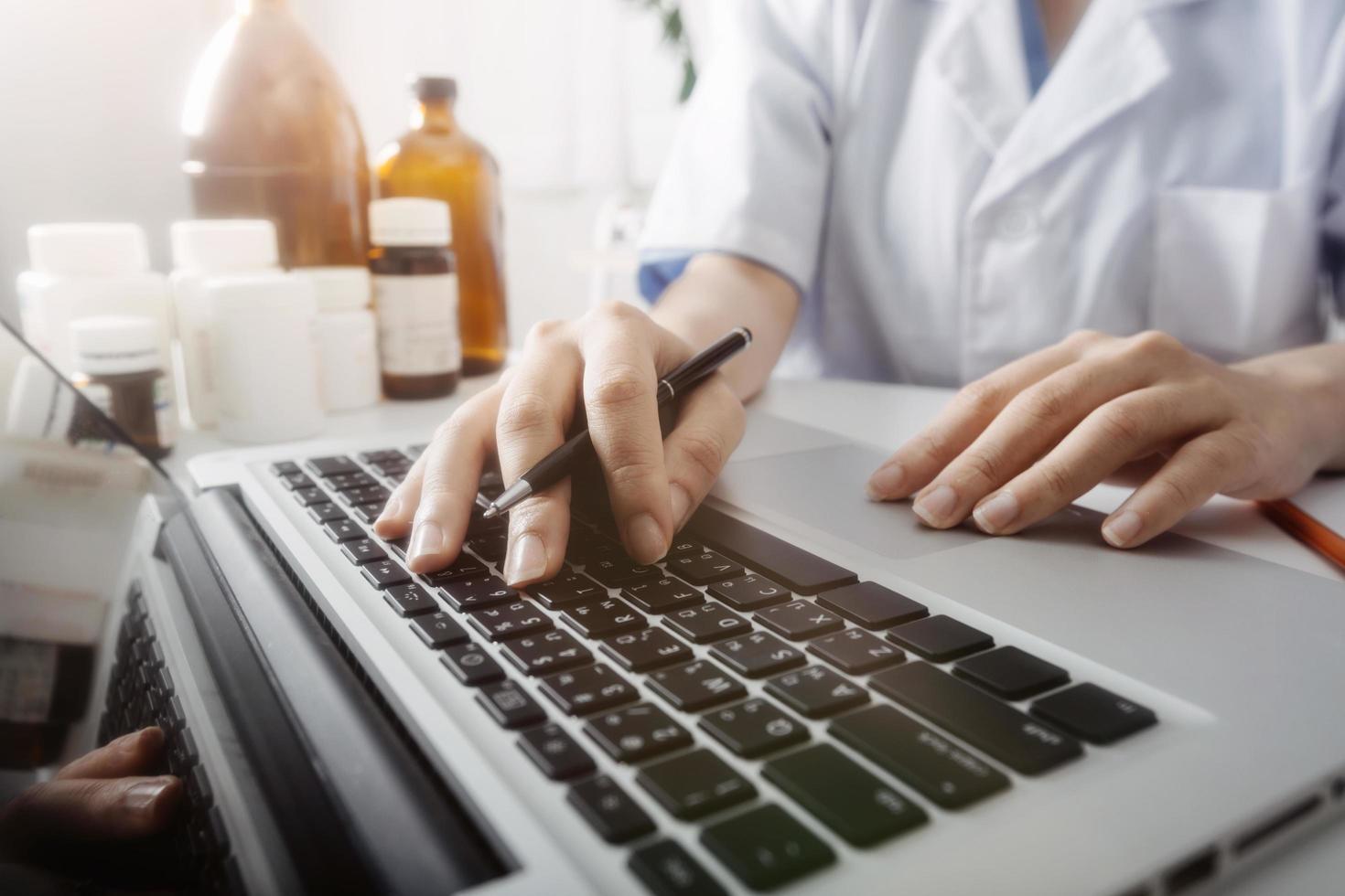 Double exposure of technology healthcare And Medicine concept. Doctors using digital tablet and modern virtual screen interface icons panoramic banner, blurred background. photo