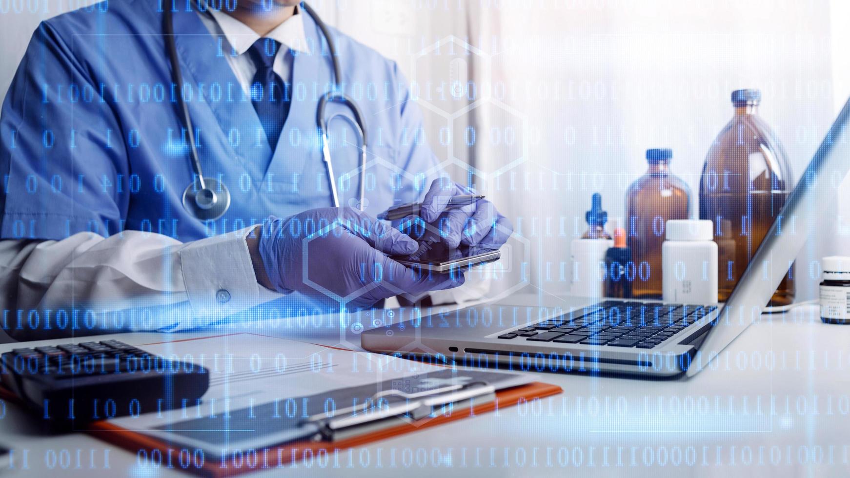 Medicine doctor and stethoscope touching icon medical network connection with modern interface on digital tablet in hospital background. Medical technology network concept photo