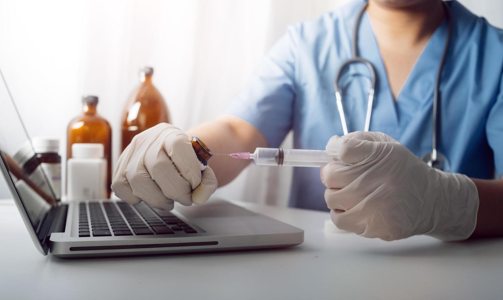 Double exposure of technology healthcare And Medicine concept. Doctors using digital tablet and modern virtual screen interface icons panoramic banner, blurred background. photo