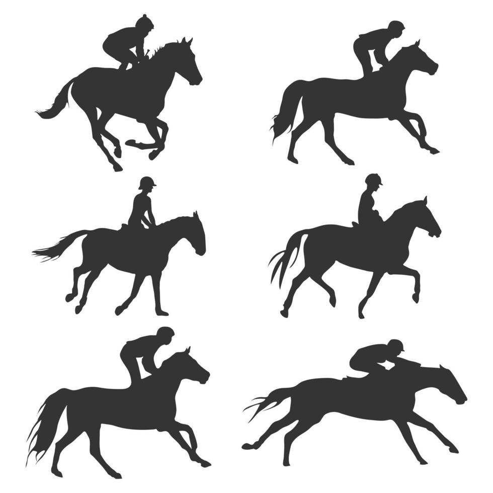 Jockey riding horse silhouette, jockeys silhouette set vector