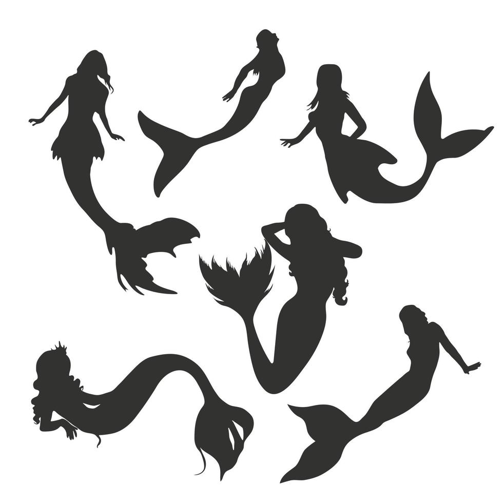 Mermaid silhouette collection isolated on white background vector