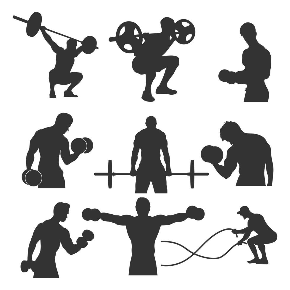 Fitness man gym silhouettes, exercise silhouettes in different poses vector