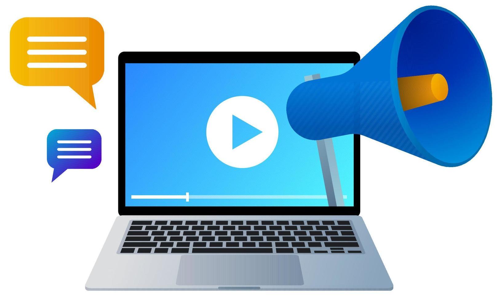 Webinar icon concept. Online video event ad with laptop, megaphone and speech bubbles. Vector illustration