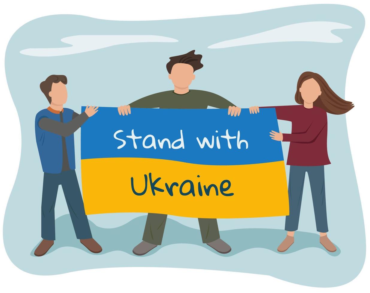 Group of people with a Ukrainian flag. Stand with Ukraine. Vector flat illustration.