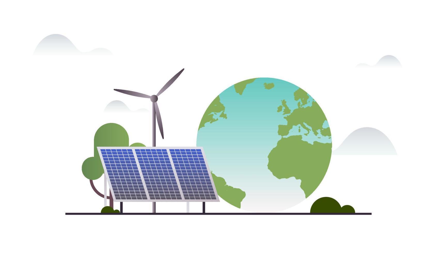 Sustainability and esg, green, energy, sustainable industry with windmills and solar energy panels, environmental, social, corporate governance concept flat vector illustration.