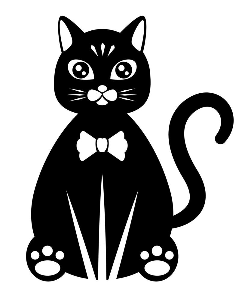 Black cat illustration. Flat black adorable black cat illustration, isolated on white background. Kitten cartoon sketch clip art, for your design projects. vector