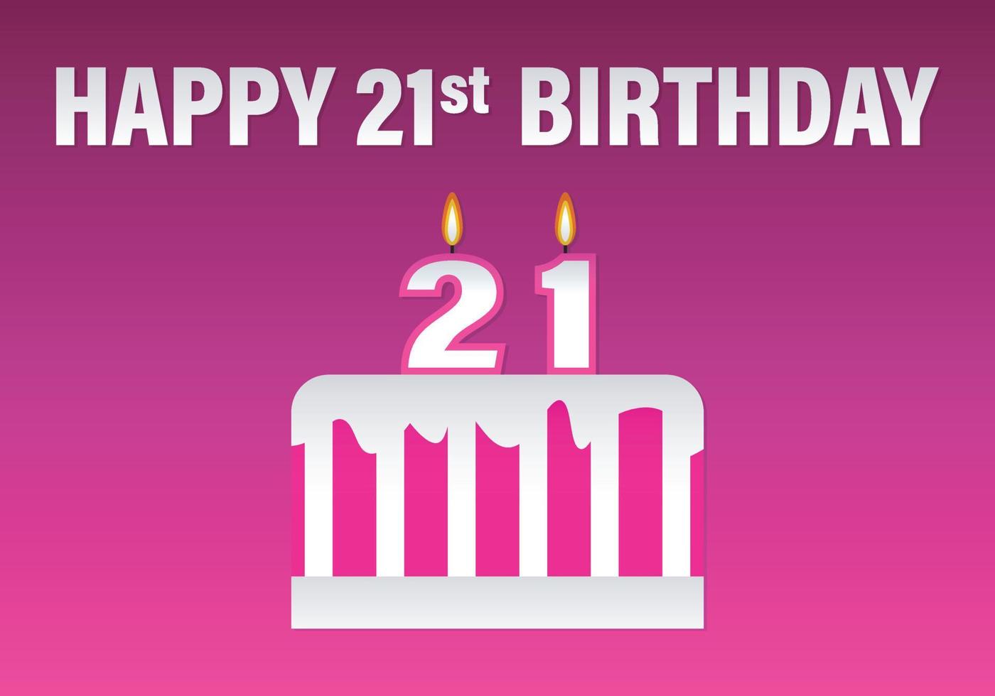 feliz deseo de cumpleaños número 21 y pastel para niñas con vela de cumpleaños 21 en ilustración de vector de fondo rosa para tarjeta, pancarta, invitación.