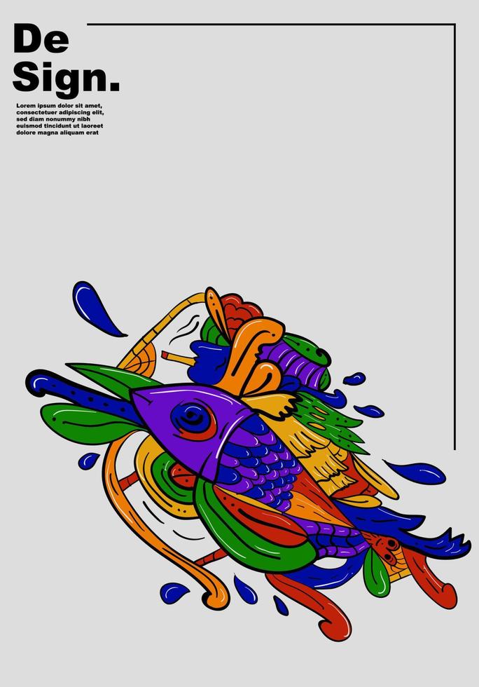 fondo abstracto colorido con forma de arte de pescado y mujer fumadora, adecuado para páginas de inicio, publicaciones en medios sociales, fondos de pantalla e impresión de camisetas vector