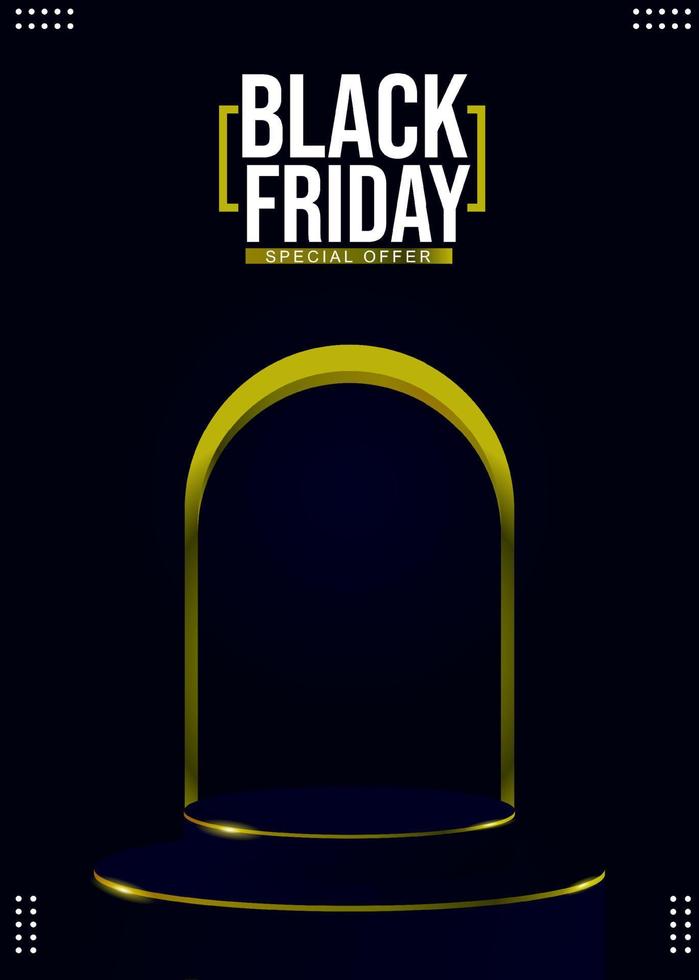 Black friday discount design background for poster and social media post with golden light podium, suitable for promotional advertising vector