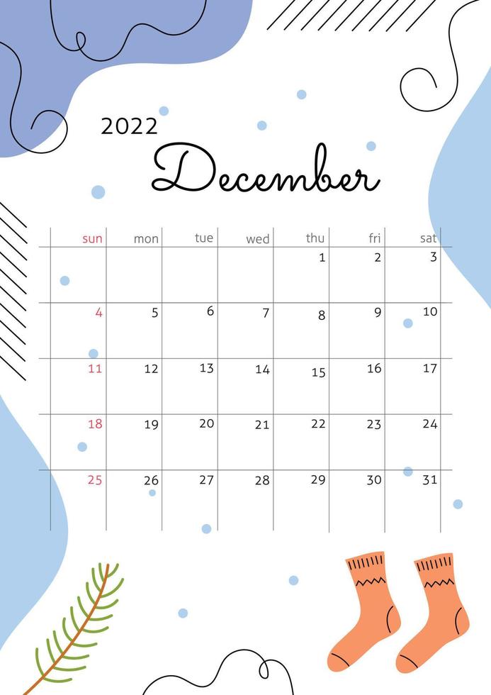 Month December 2022 with abstract elements, lines, socks, snow and fir branch. Vertical wimter poster with cozy atmosphere. Vector illustration. Calendar grid with squares for entries