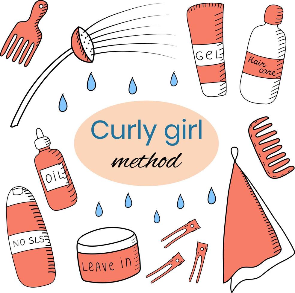 Items for curly hair care in doodle style vector