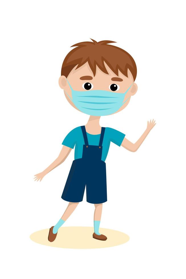 A masked boy with his hand raised. vector